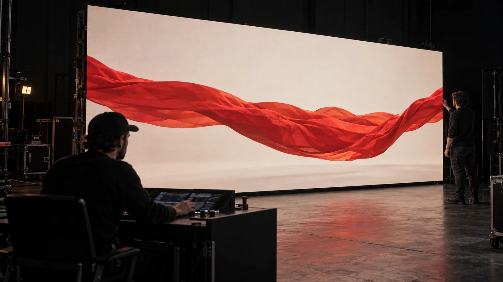 Bastidor: Técnicos testam a transição de um loop de painel de LED em estúdio.