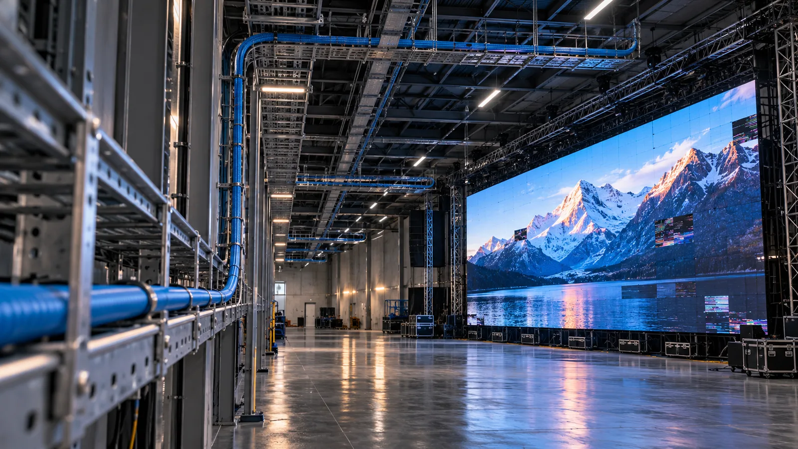 Instalação técnica de painel de LED com longo percurso de cabo de rede em eletrocalhas e pequenas falhas visuais causadas por instabilidade de transmissão.
