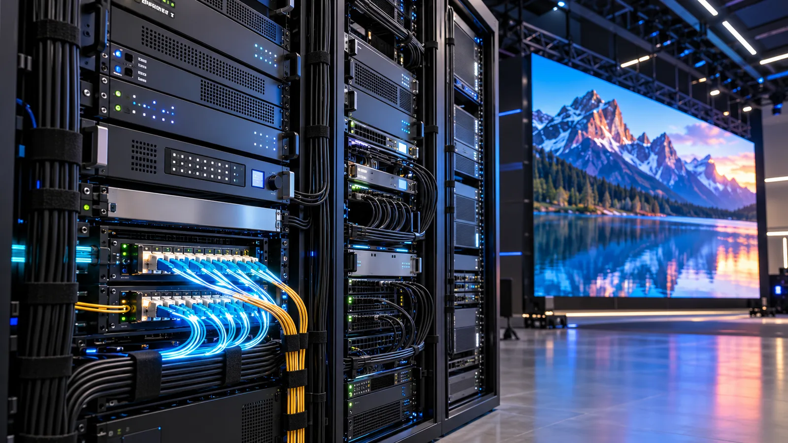 Rack profissional com controladores de painel de LED e conexões de fibra óptica, com tela de LED funcionando ao fundo.