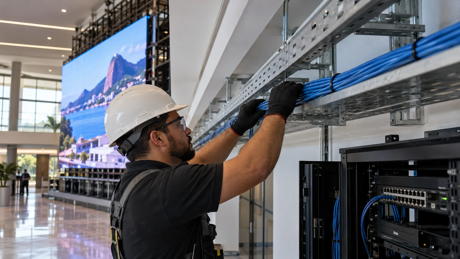 Caminho do sinal de um painel de LED passando pelo processador, cabo de rede, fibra óptica e placas receptoras.