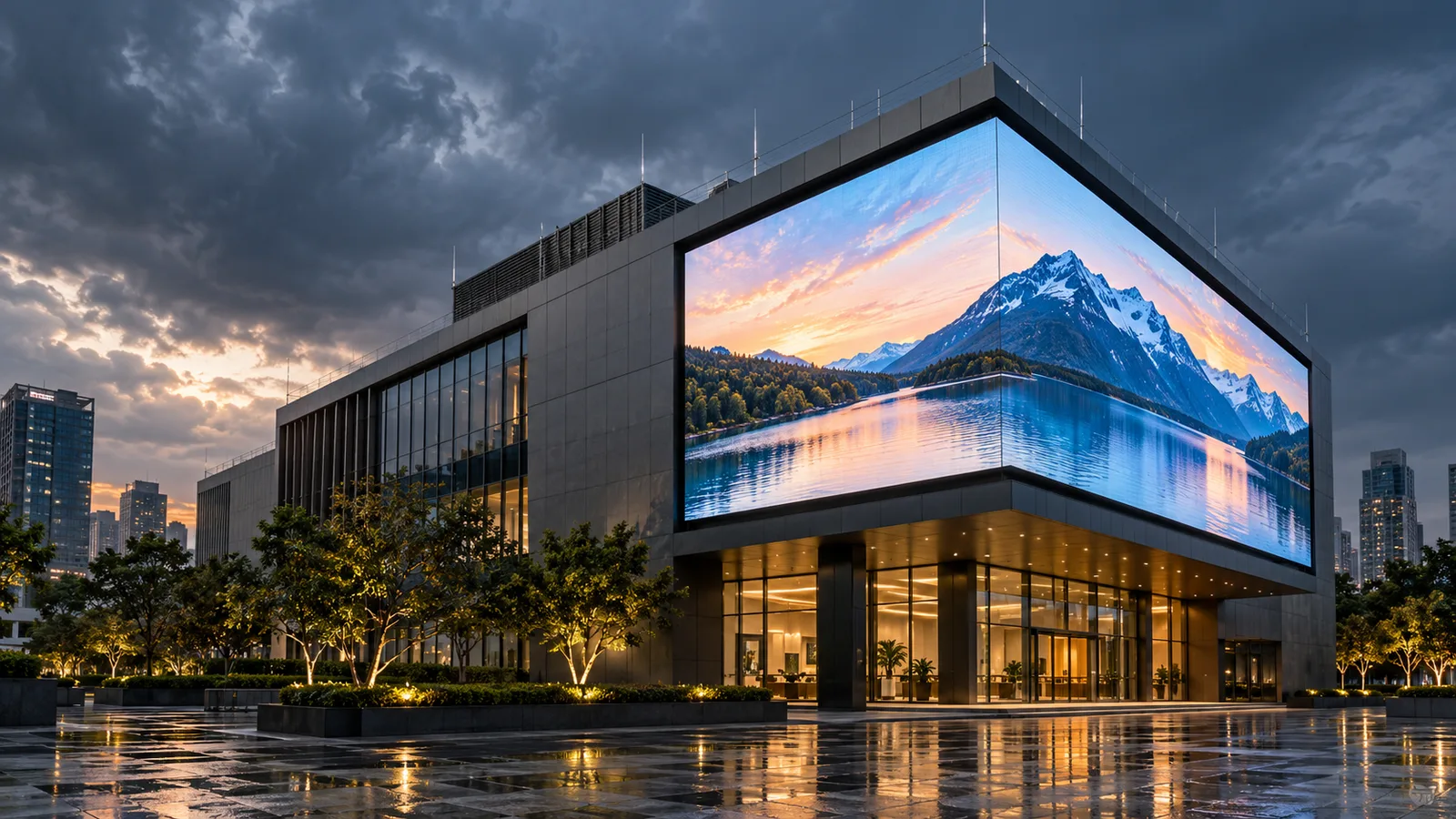 Edifício comercial com painel de LED na fachada e sistema de proteção contra descargas atmosféricas instalado no topo.