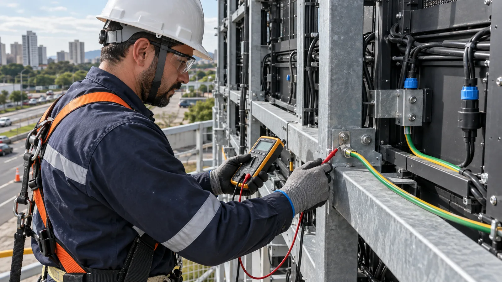 Eletricista verificando o aterramento e a continuidade elétrica da estrutura metálica de um painel de LED outdoor.