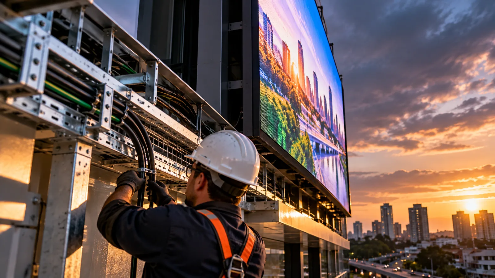 Técnico realizando manutenção na infraestrutura elétrica e no cabeamento de um painel de LED outdoor instalado em área externa.