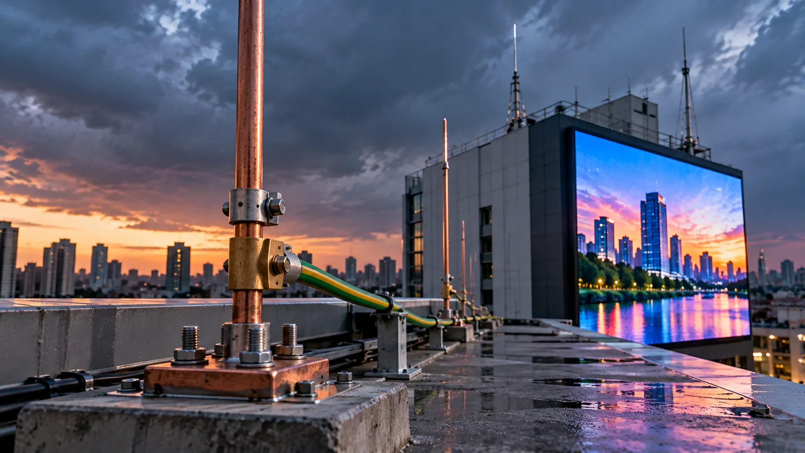 Sistema de aterramento e proteção contra descargas atmosféricas em cobertura de edifício com painel de LED outdoor ao fundo.