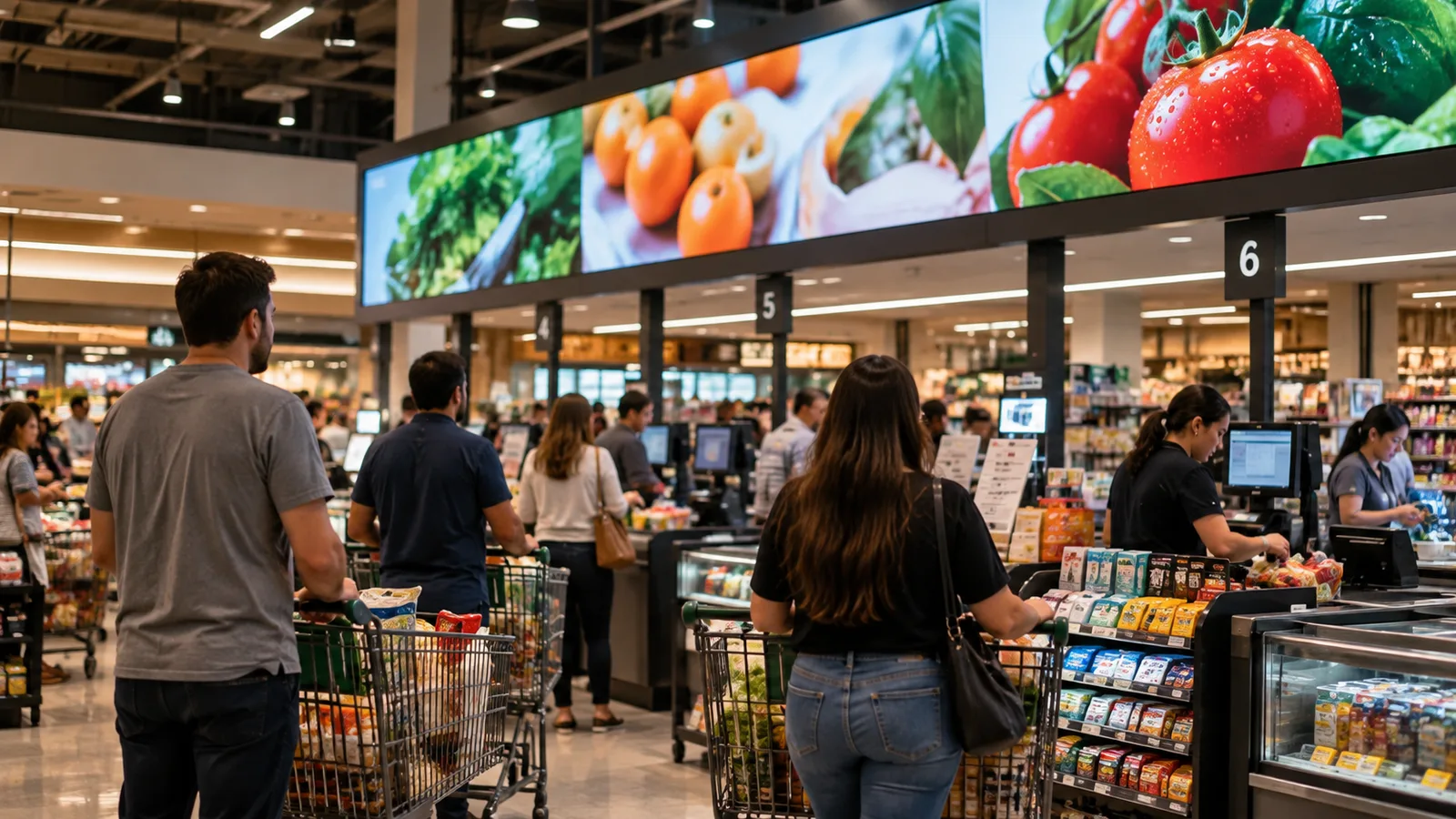 Painel de LED em área de espera de estabelecimento comercial exibindo conteúdo para clientes durante o tempo de permanência.
