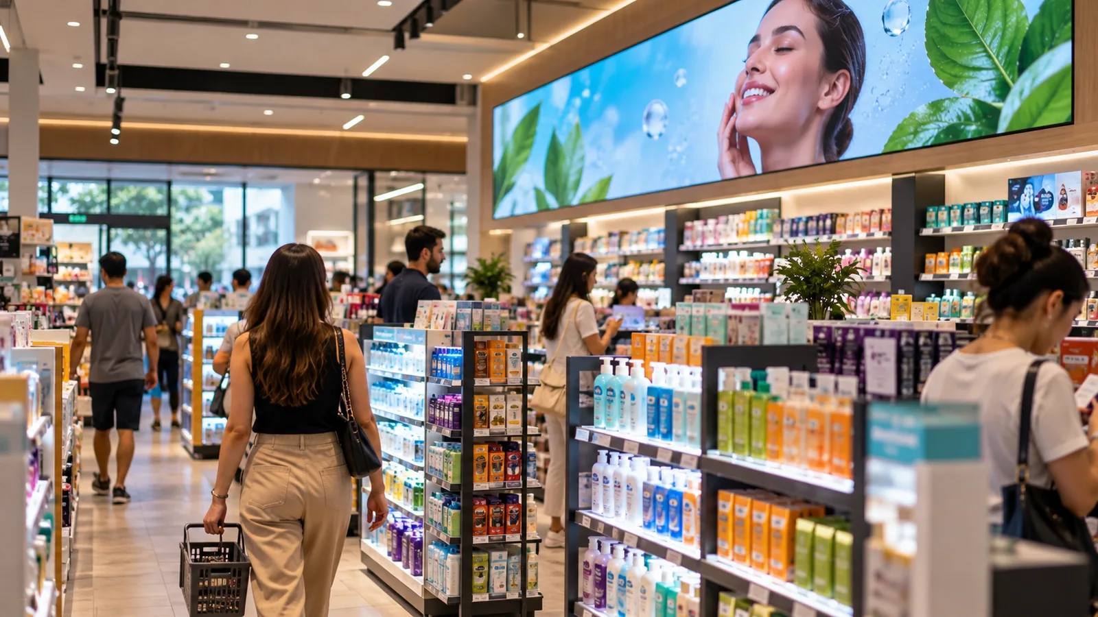 Painel de LED integrado à fachada de loja chamando atenção de consumidores antes da entrada no ponto de venda.