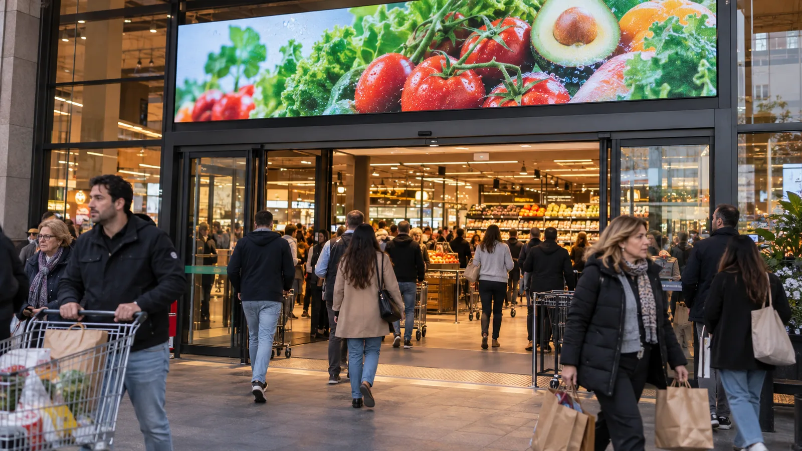 Retail media no espaço físico utilizando painel de LED para alcançar consumidores na entrada de uma loja.  Sala de operação / gestão de inventário