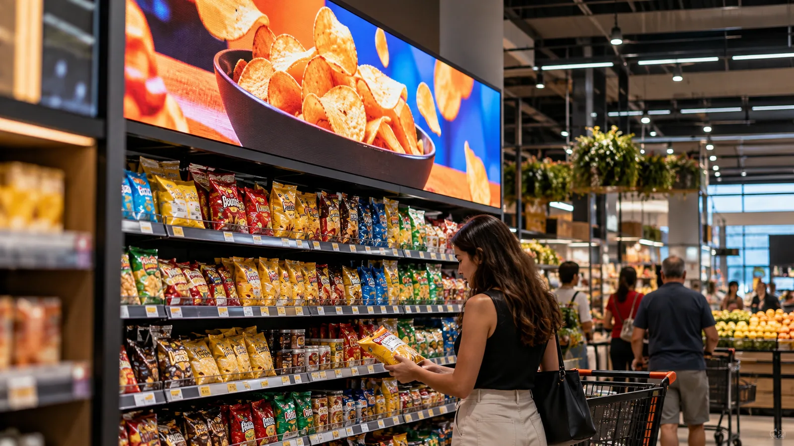 Diferentes posições de painéis de LED em loja representando inventários de retail media com contextos de audiência distintos.