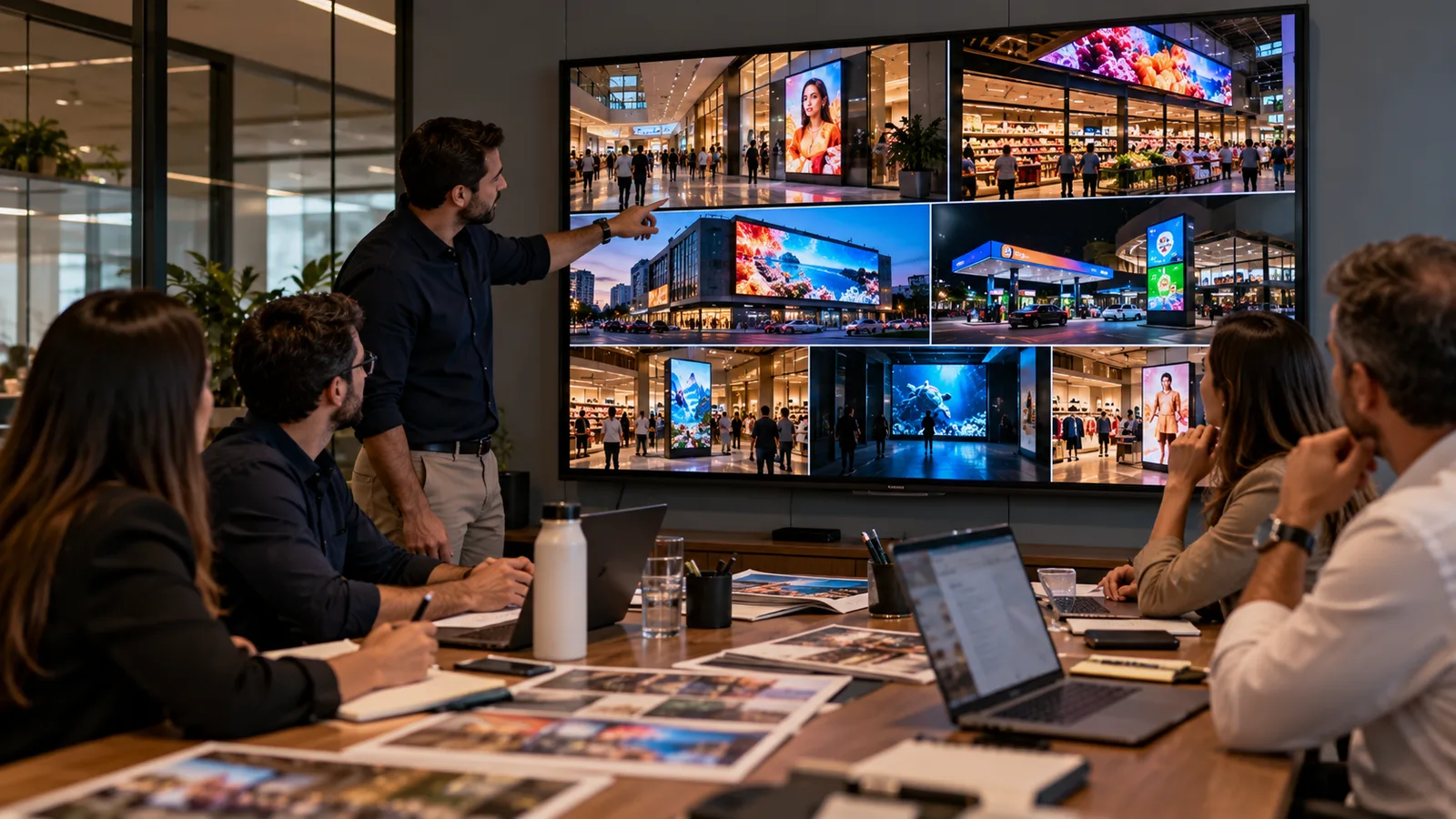 Reunião de profissionais de marketing, trade e comercial planejando campanhas de retail media para diferentes lojas com painéis de LED.