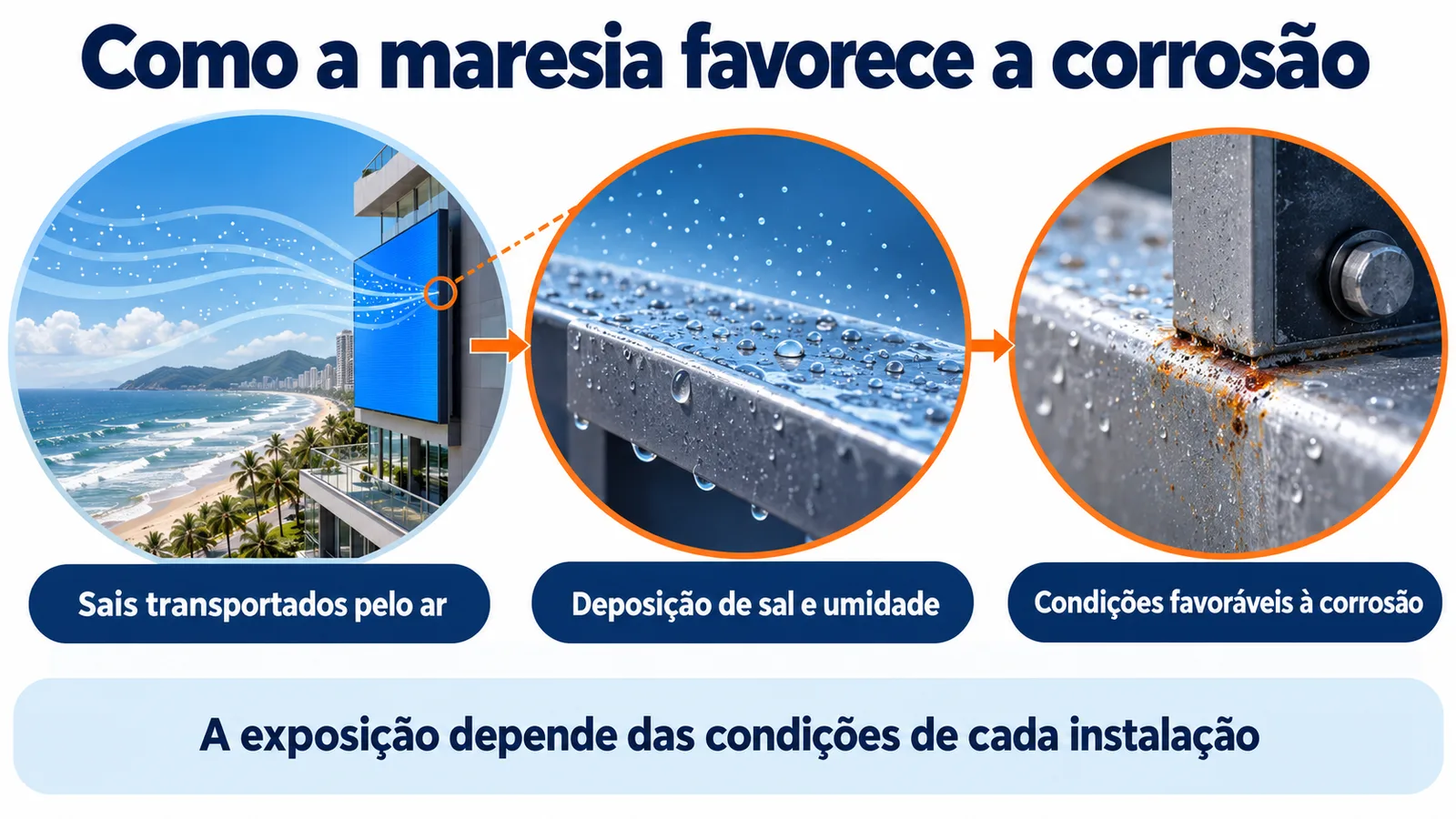 Infográfico mostra sais transportados pelo ar, deposição sobre metal com umidade e condições favoráveis à corrosão.