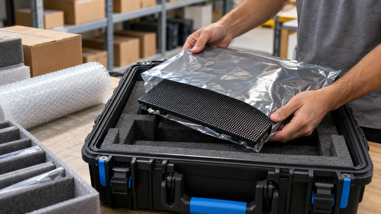 Profissional embala módulo de painel de LED em bolsa antiestática e caixa com espuma de proteção para transporte.