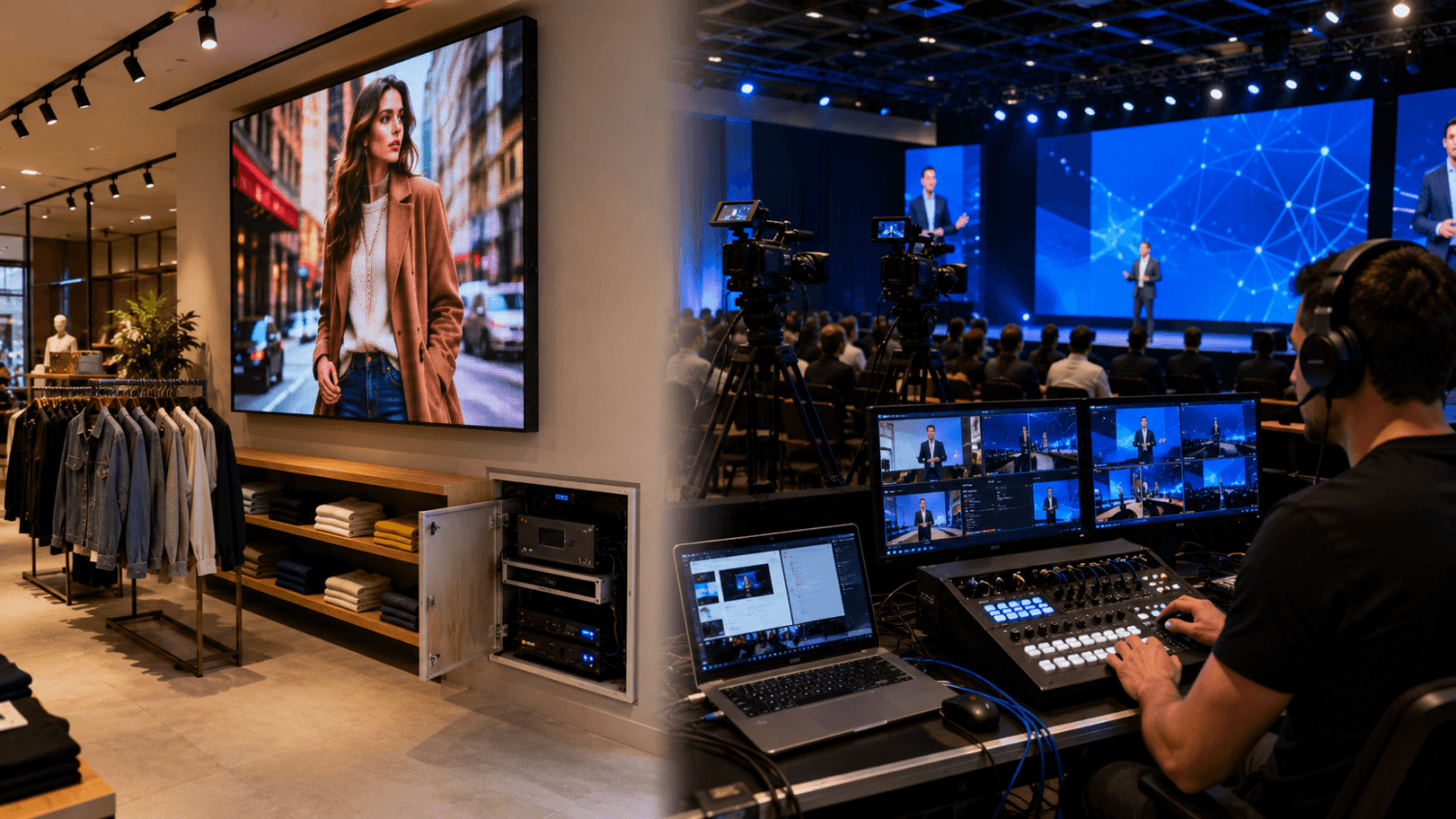 Comparação entre painel de LED com player programado e operação ao vivo com processadora de vídeo.