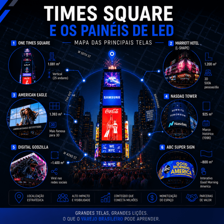 Times Square e os Painéis de LED: Mapa das Principais Telas, Quanto Custa Anunciar e o que o Varejo Brasileiro Pode Aprender