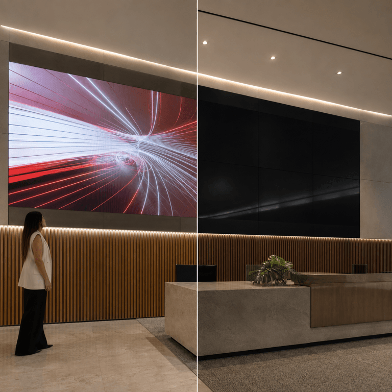 O painel de LED desligado vira um retângulo preto na arquitetura?
