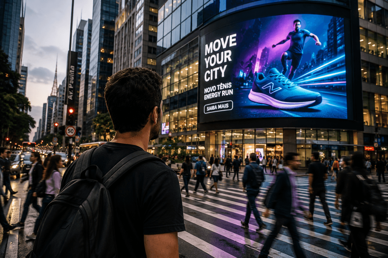 Atenção visual em tela digital com painel de LED em ambiente urbano, mostrando como brilho, movimento e contraste fazem uma pessoa parar e olhar.