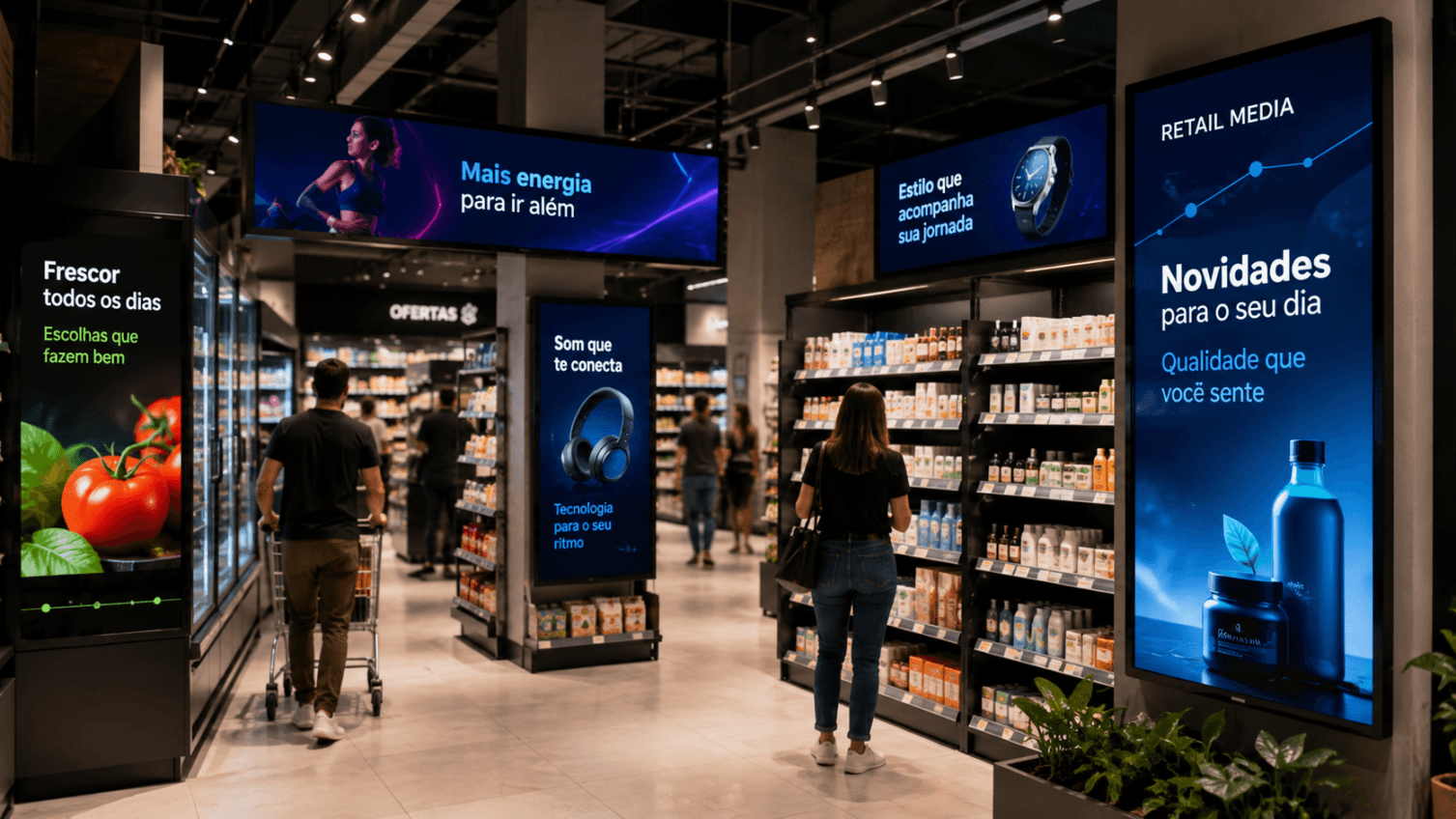 Digital signage conectado ao retail media em loja de varejo brasileira com telas digitais