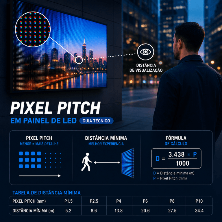Pixel Pitch em Painel de LED: Guia Técnico com Tabela de Distância Mínima de Visualização e Fórmula de Cálculo