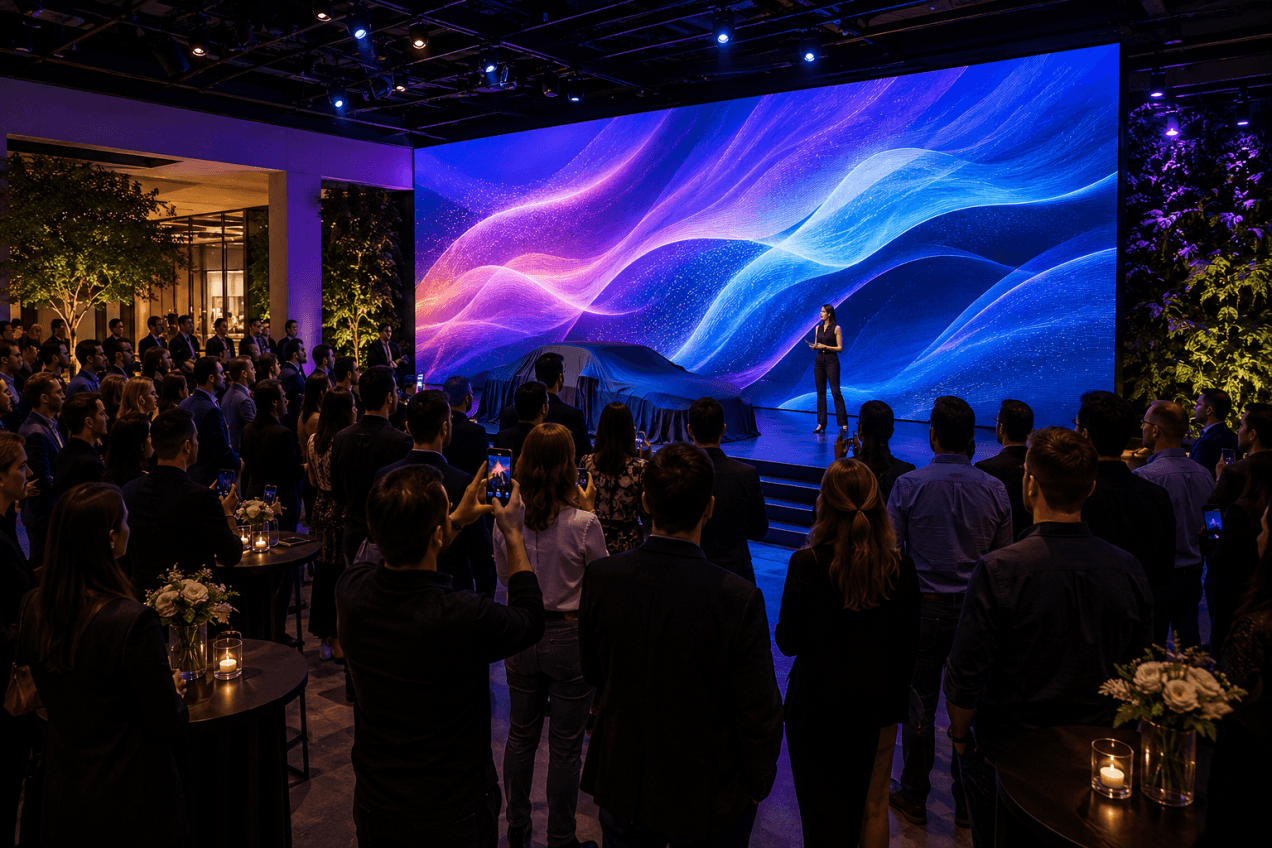 Painel de LED em evento de ativação de marca com experiência visual imersiva.