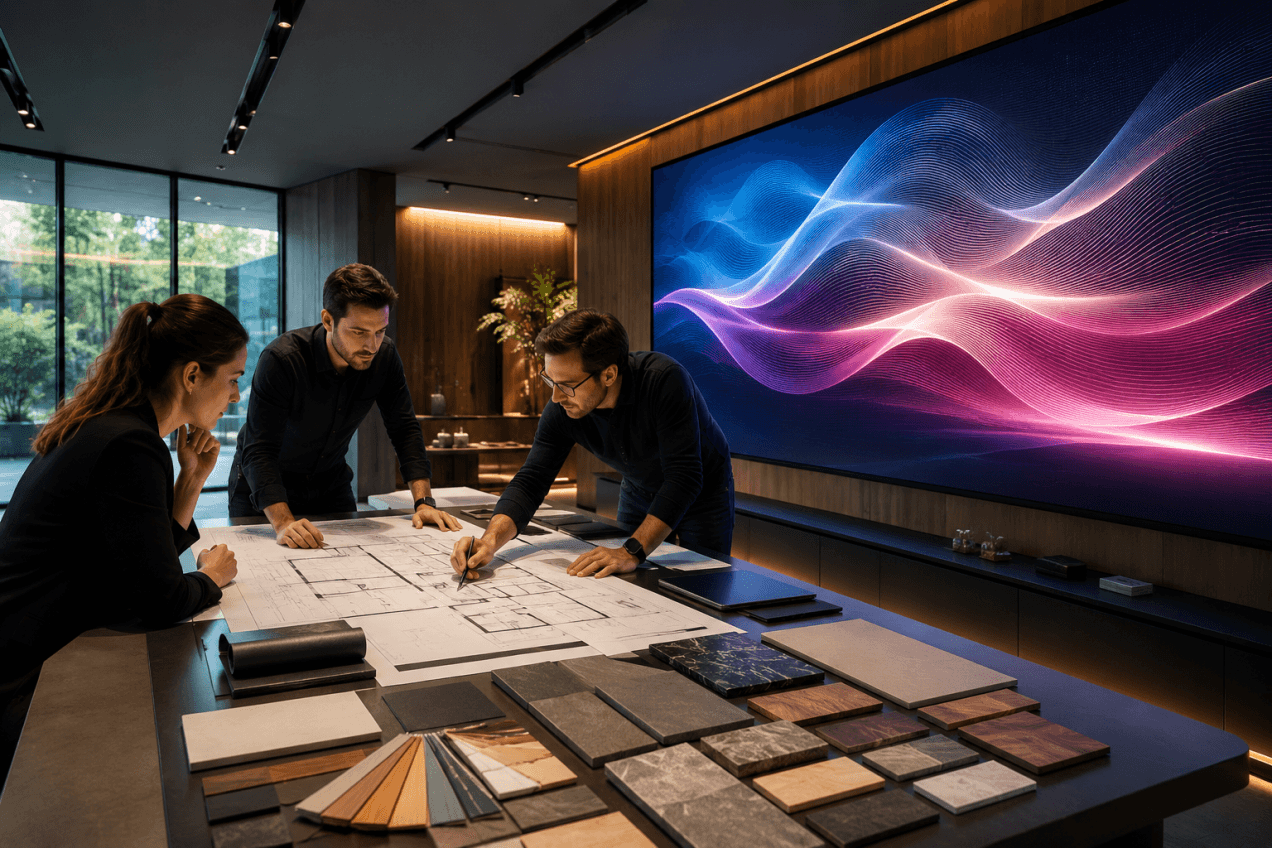 Pessoas em ambiente comercial com painel de LED integrado à arquitetura.