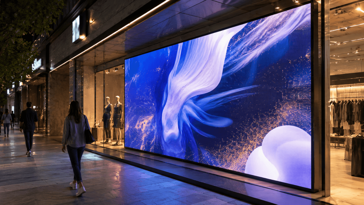 Fachada digital com painel de LED para branding em loja moderna.