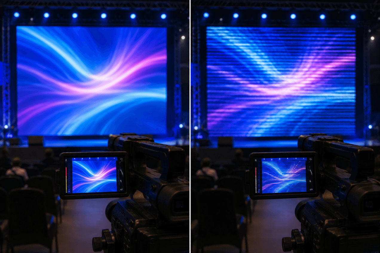 Comparação visual de painel de LED com bom refresh rate e painel com flicker aparecendo em gravação por câmera.