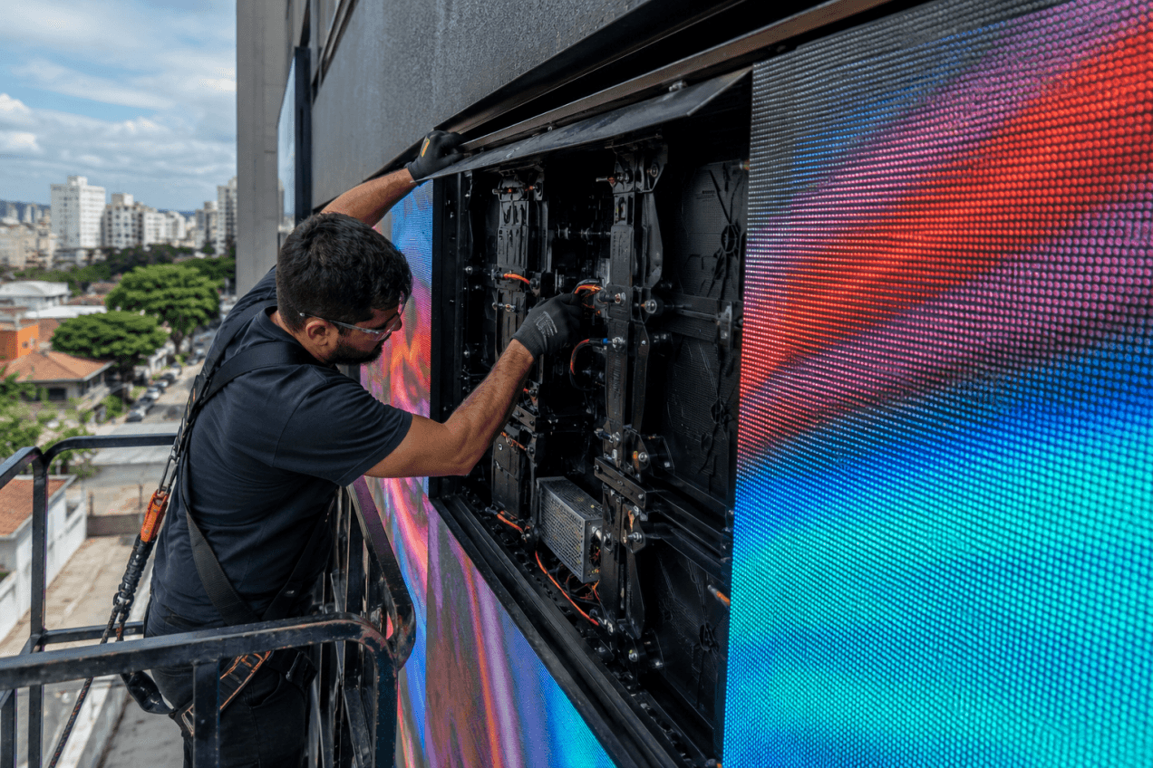 Técnico realizando manutenção em painel de LED outdoor instalado em fachada comercial.