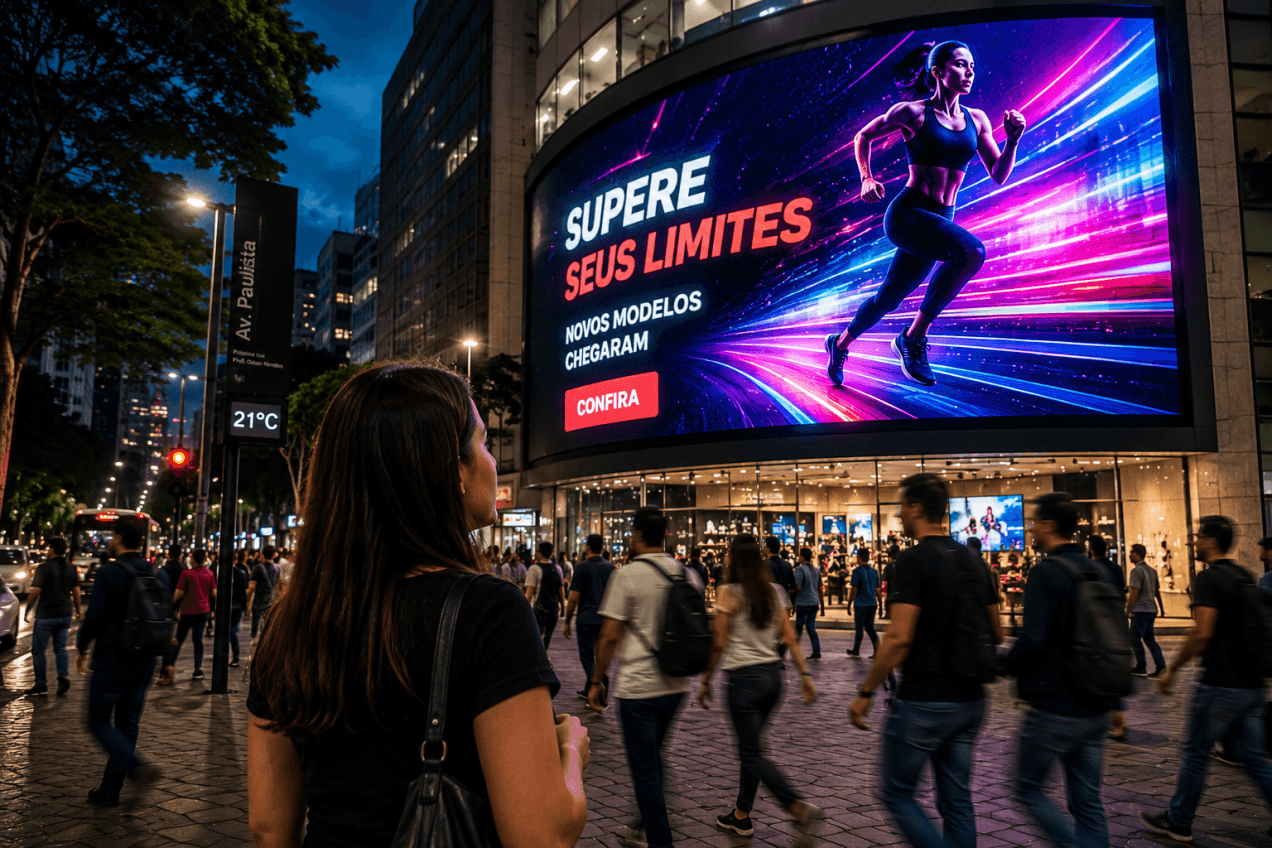 Painel de LED com conteúdo em movimento chamando a atenção de pessoas em ambiente urbano, representando o papel do movimento na atenção visual.