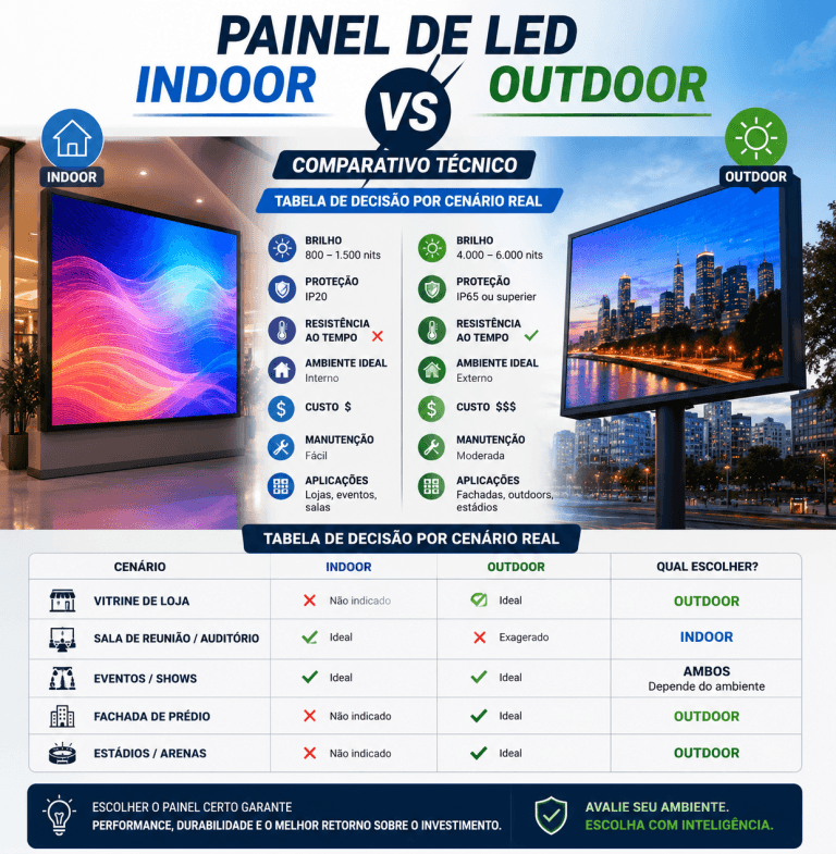 Painel de LED Indoor vs Outdoor: Comparativo Técnico com Tabela de Decisão por Cenário Real