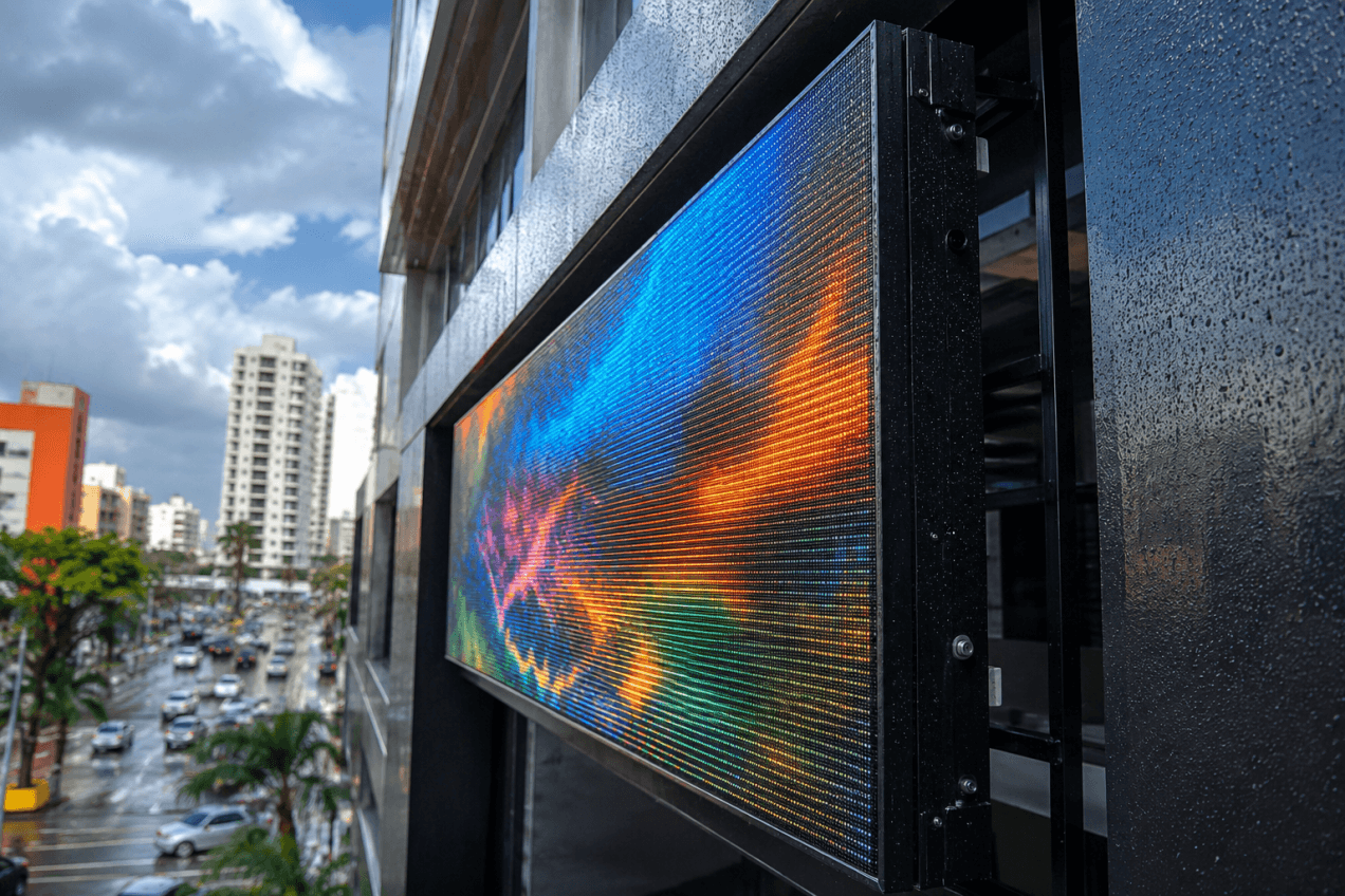 Painel de LED outdoor instalado em fachada externa com proteção contra chuva, poeira, calor e umidade.
