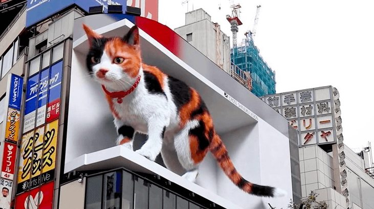 Painel de led com conteúdo de gato e efeito 3D.