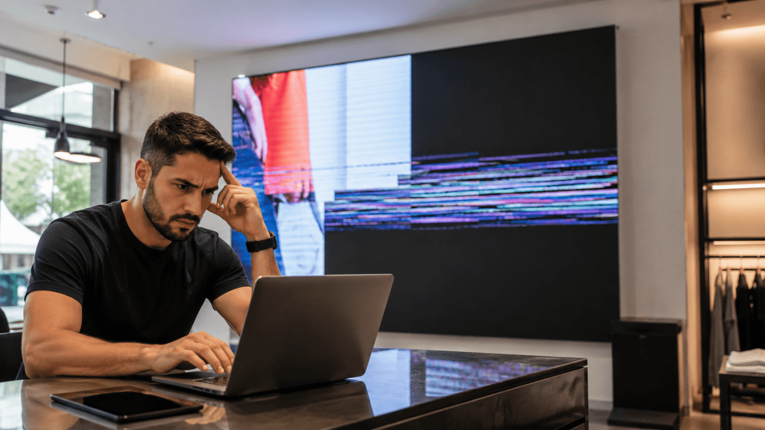 Operador tentando resolver problema simples em painel de LED sem suporte remoto.