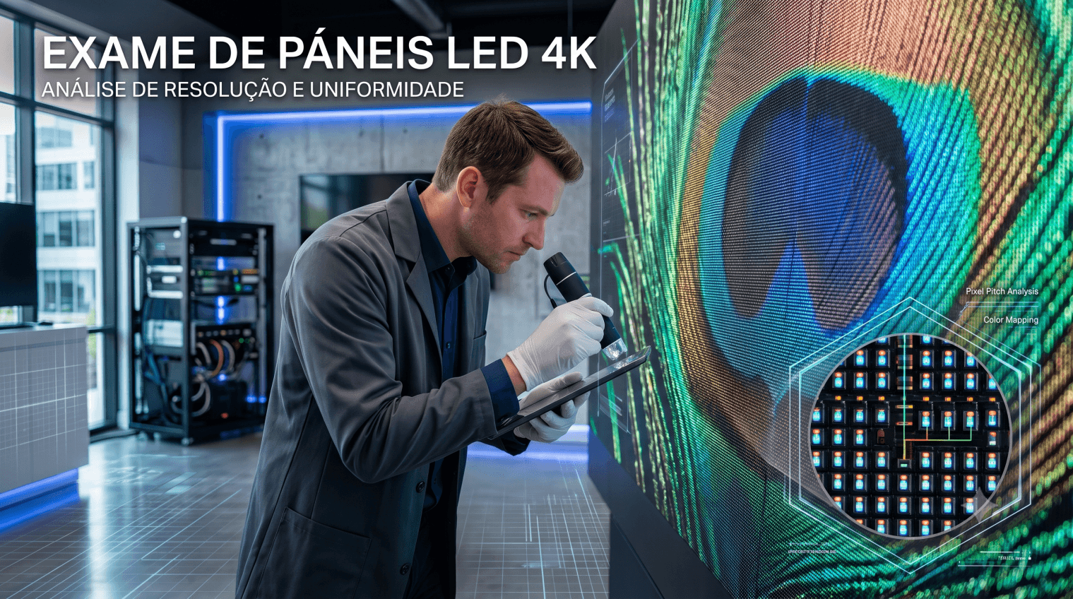 Especialista apresentando solução de painel de LED 4K indoor em showroom corporativo