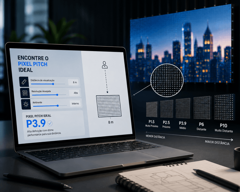 Encontre o pixel pitch certo para o seu projeto em menos de um minuto — sem fórmulas manuais.