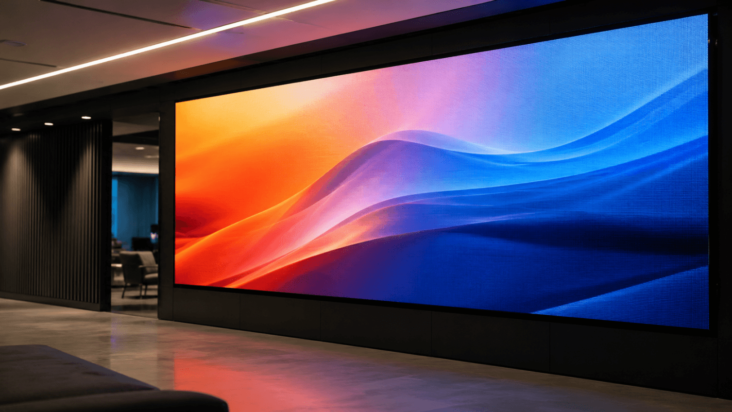 Uniformidade de cor e brilho em painel de LED com imagem contínua e sem manchas.